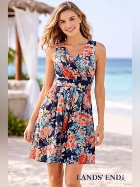 LANDS END women sleeveless v-neck feminine casual  floral dress/size SP